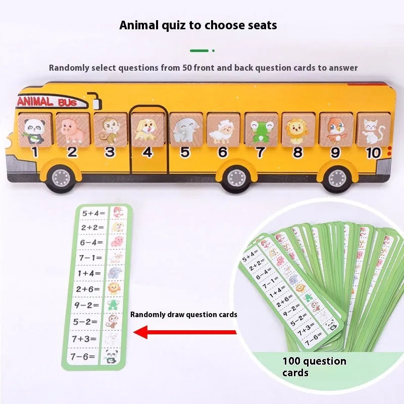 Wooden animal bus platform board game for kindergarten mathematics with colourful animal pieces