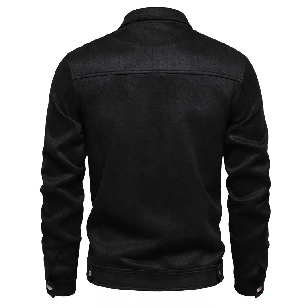 Mens suede lapel zipper jacket autumn winter solid colour outdoor coat black front view