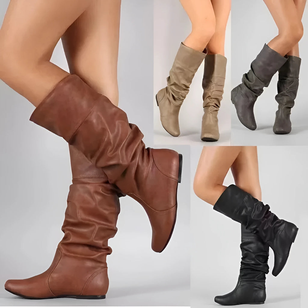 Women's black slip-on flat long boots with round toe and high shaft
