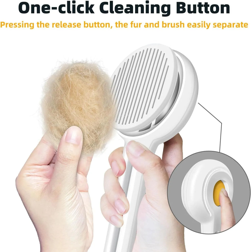 Yellow cat brush with release button, round rubber-tipped pins and stainless steel wire bristles