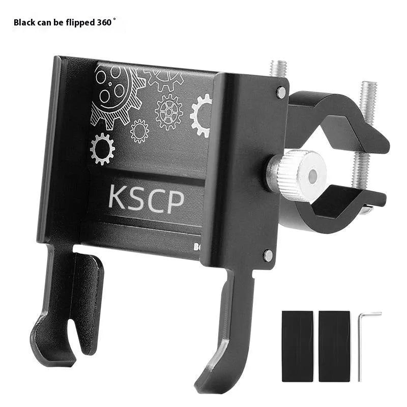 Aluminium alloy mobile phone holder mounted on a bicycle handlebar in black colour.