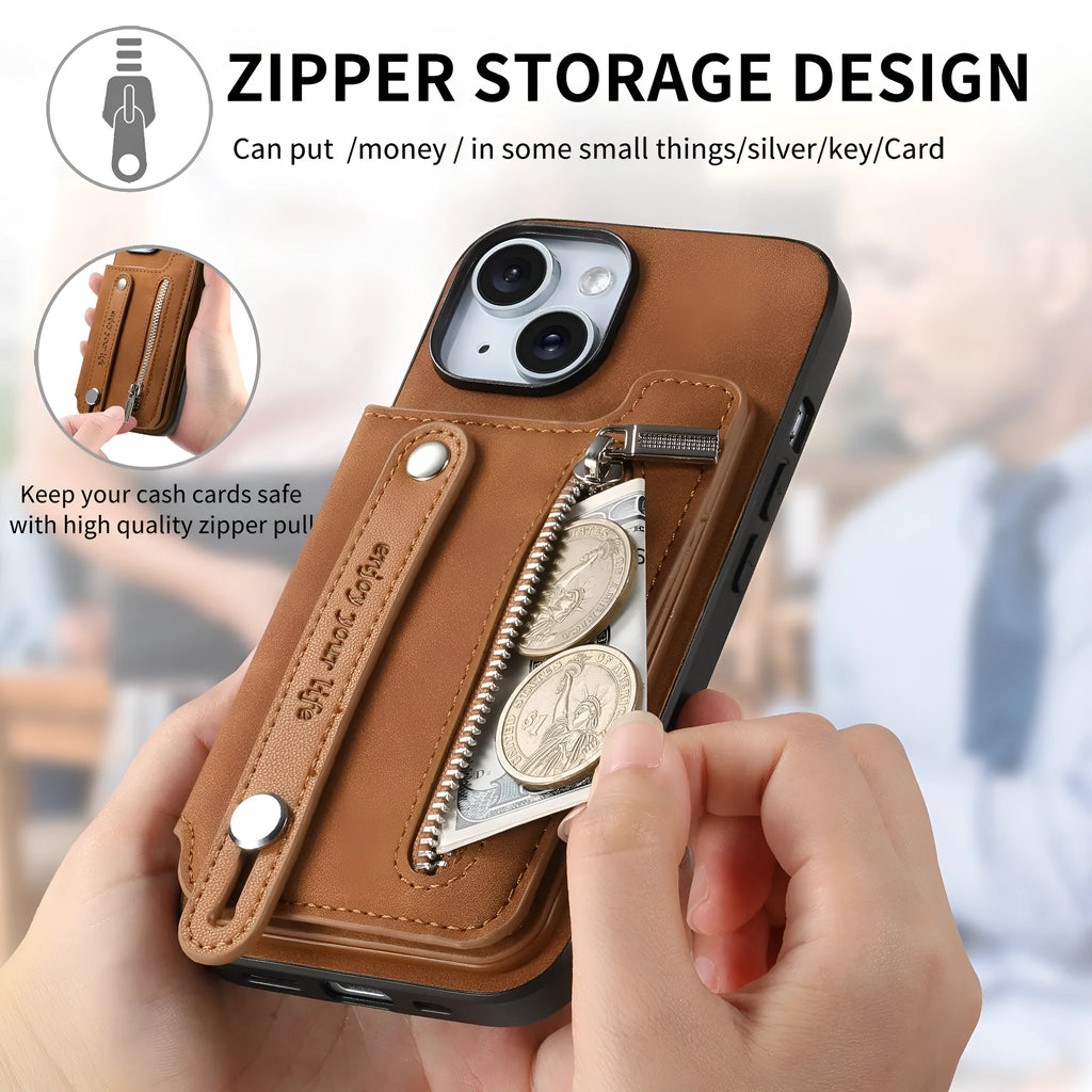 Flip open card holder wallet phone case for Apple iPhone with bracket and magnetic closure in black imitation leather