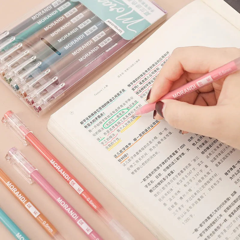 Set of nine retro-style gel pens with 0.5mm needle tips, displayed in a compact 15.2 by 8.5 cm package.