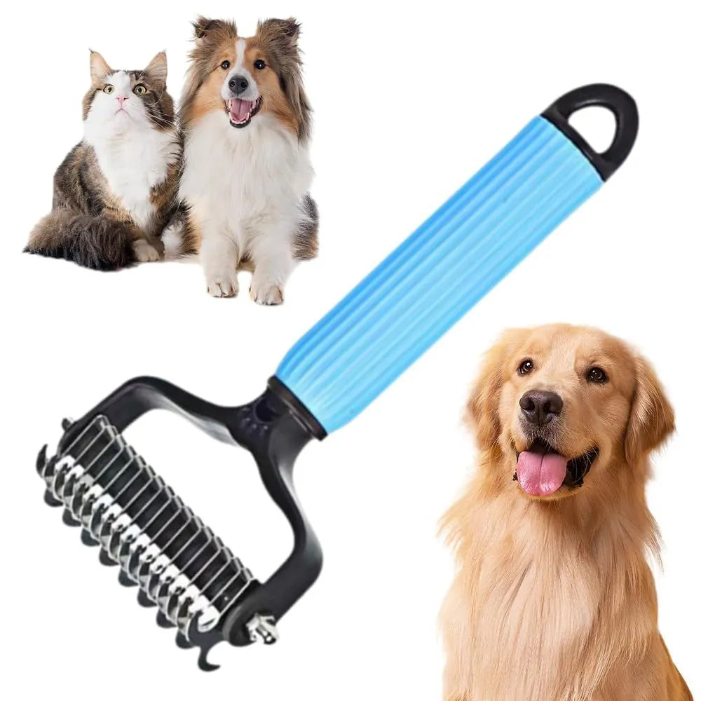 Double-sided stainless steel dematting comb for dogs and cats in blue or pink, large or small size