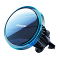 Black magnetic wireless phone charging stand mounted on car air vent