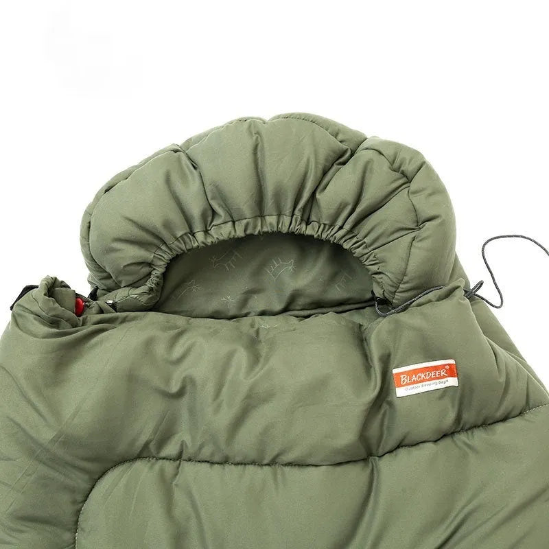 Outdoor cotton sleeping bag quilt rolled up, shown in ochre and olive green colour options.