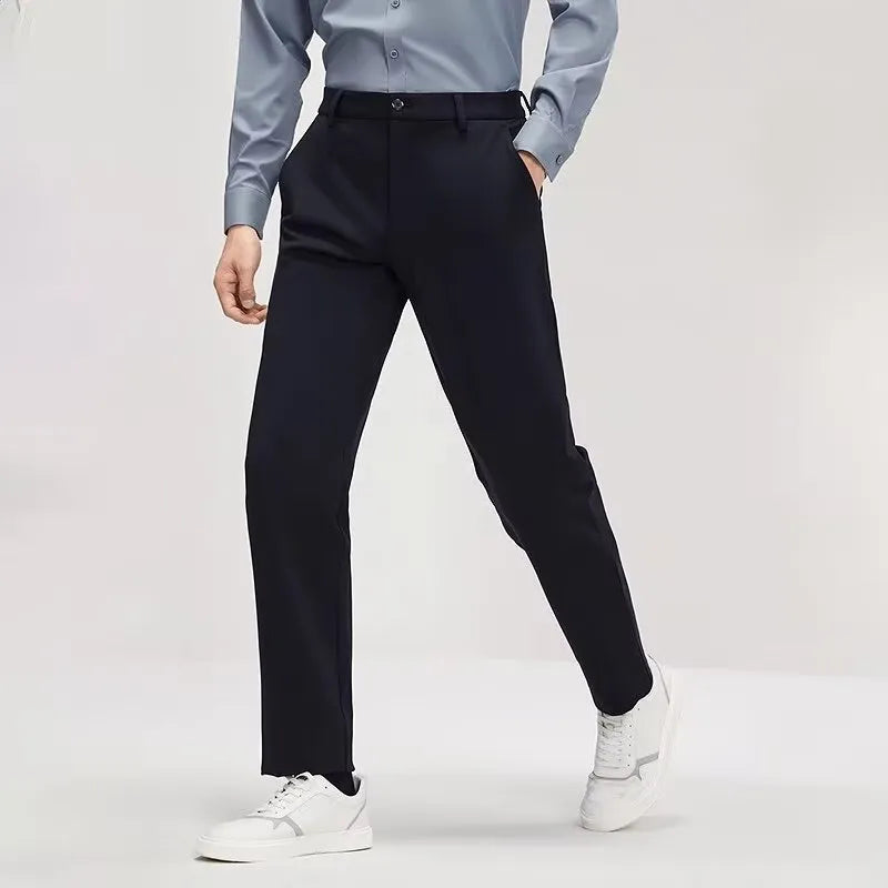 Men's slim-fit straight trousers in polyester, available in black, blue, khaki, dark gray, and light gray, sizes 27 to 38