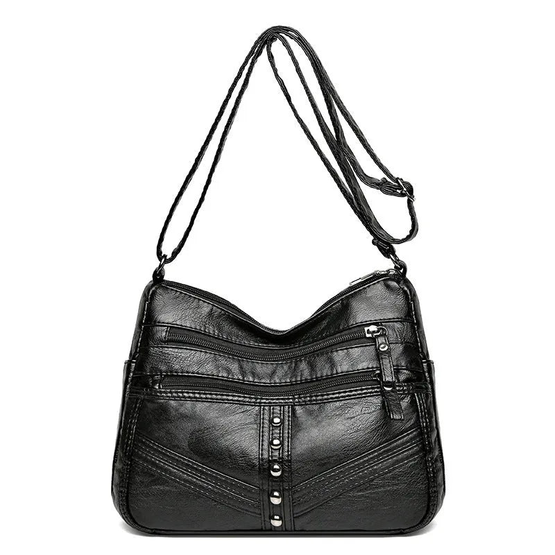 Ladies soft PU messenger bag in vintage style, available in black, brown, and red, horizontal square shape