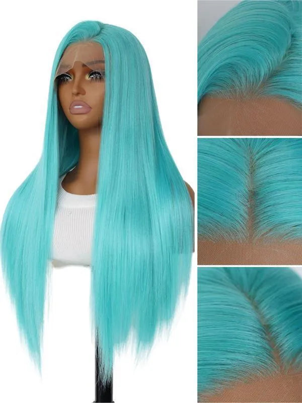 Women's long straight lace front wig 28 inches medium brown K silk fluffy style