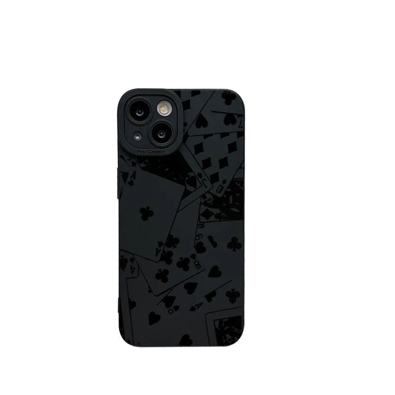 Black silicone phone case with playing cards design frosted soft shell for iPhone models including 15 Pro Max and 14 Pro