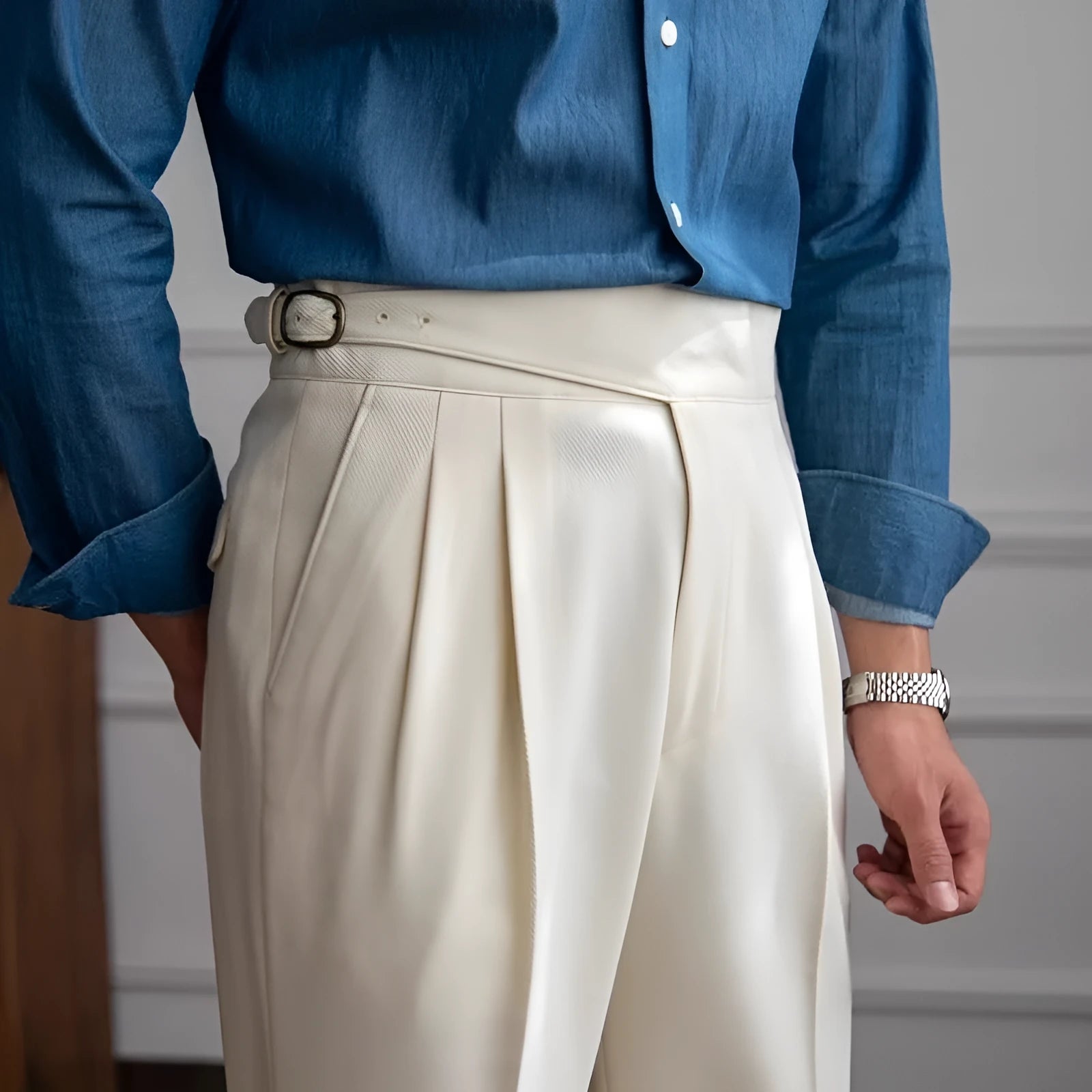 Men's high waist straight leg casual polyester trousers in black, shown laid flat.