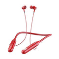 Black neck-hanging wireless sports headset with earpieces and a visible power display card on the band.