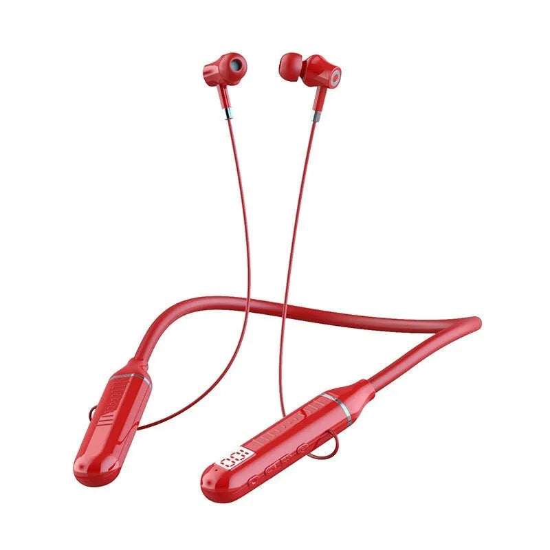Black neck-hanging wireless sports headset with earpieces and a visible power display card on the band.