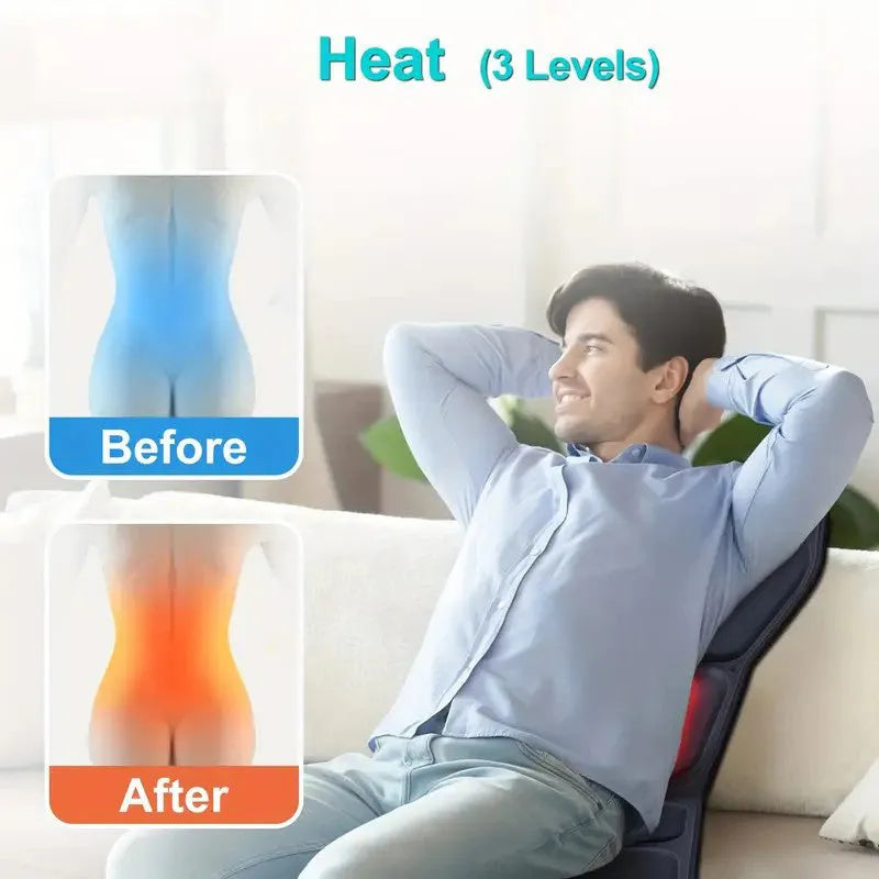Massage cushion with heat showing control panel and multi-position design for back and neck relief