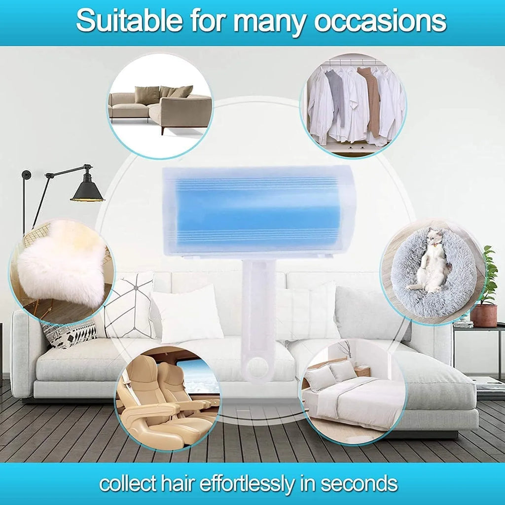 Blue reusable washable lint roller with cover for removing pet hair from clothes.