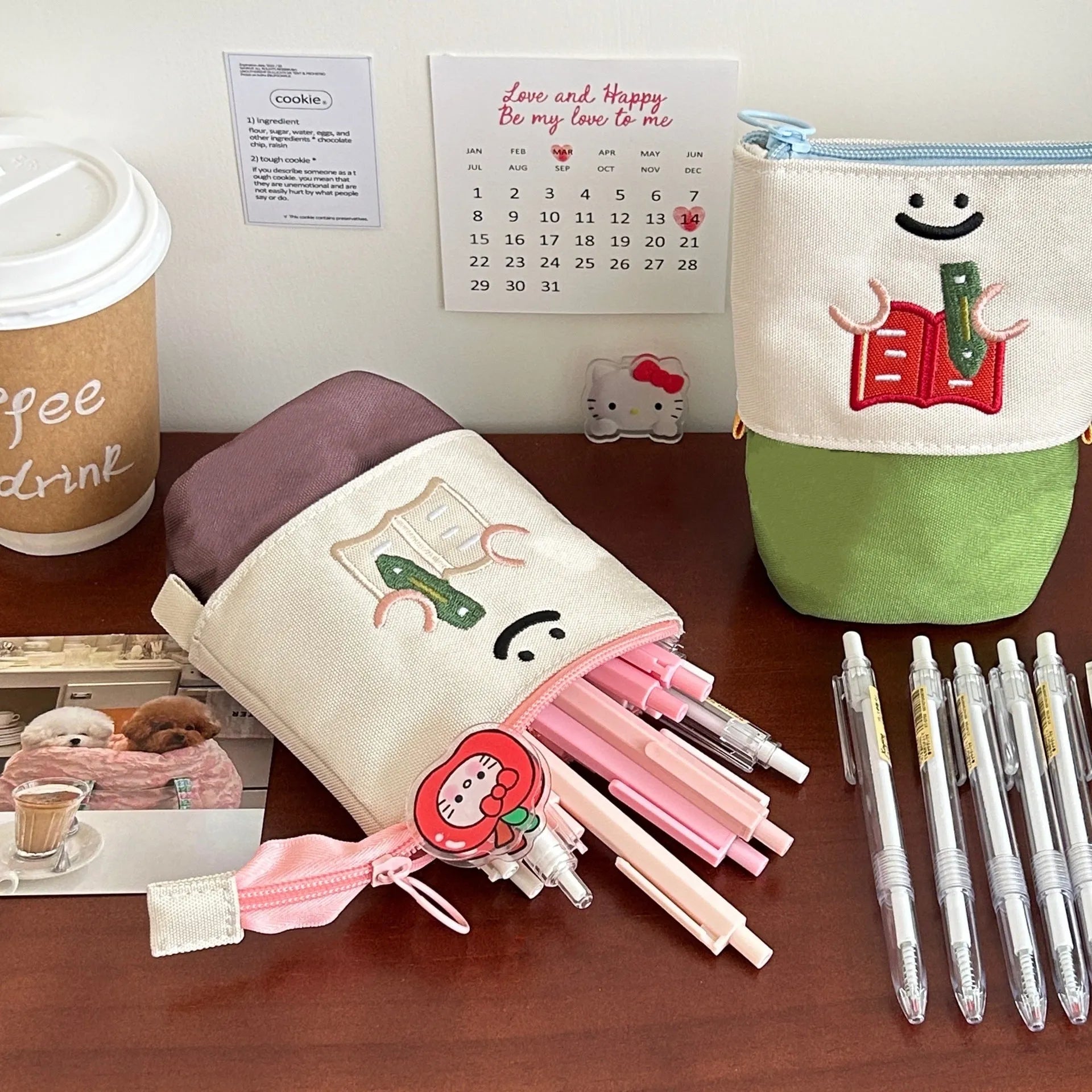 Brown Korean-style cartoon collapsible pencil case made from Oxford cloth, shown open and closed.