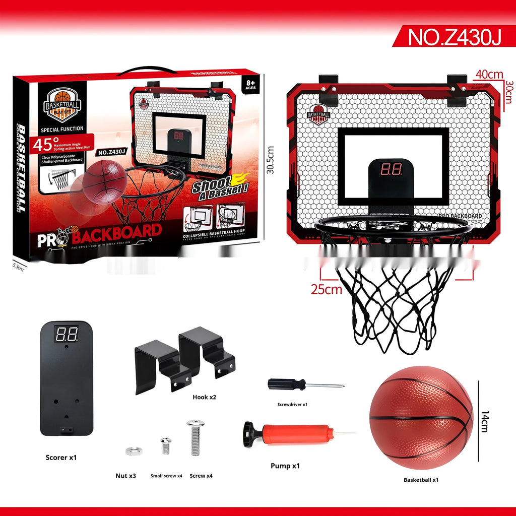 Red and blue folding basketball frame with dunk scoring panel and suction cup mount.