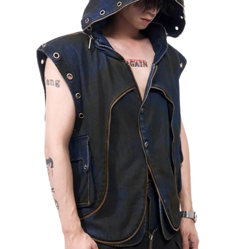 Blue hooded denim vest with front zipper and matching trousers, Korean style deconstructed design