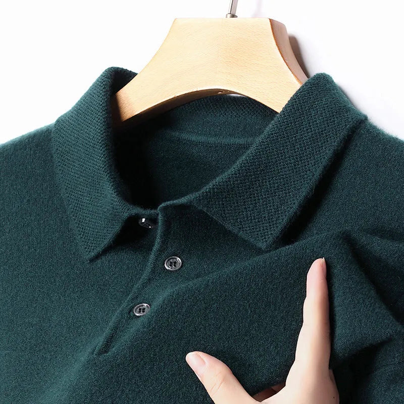 Men's winter wool lapel long sleeve sweater in camel colour, thick knit, simple style, front view
