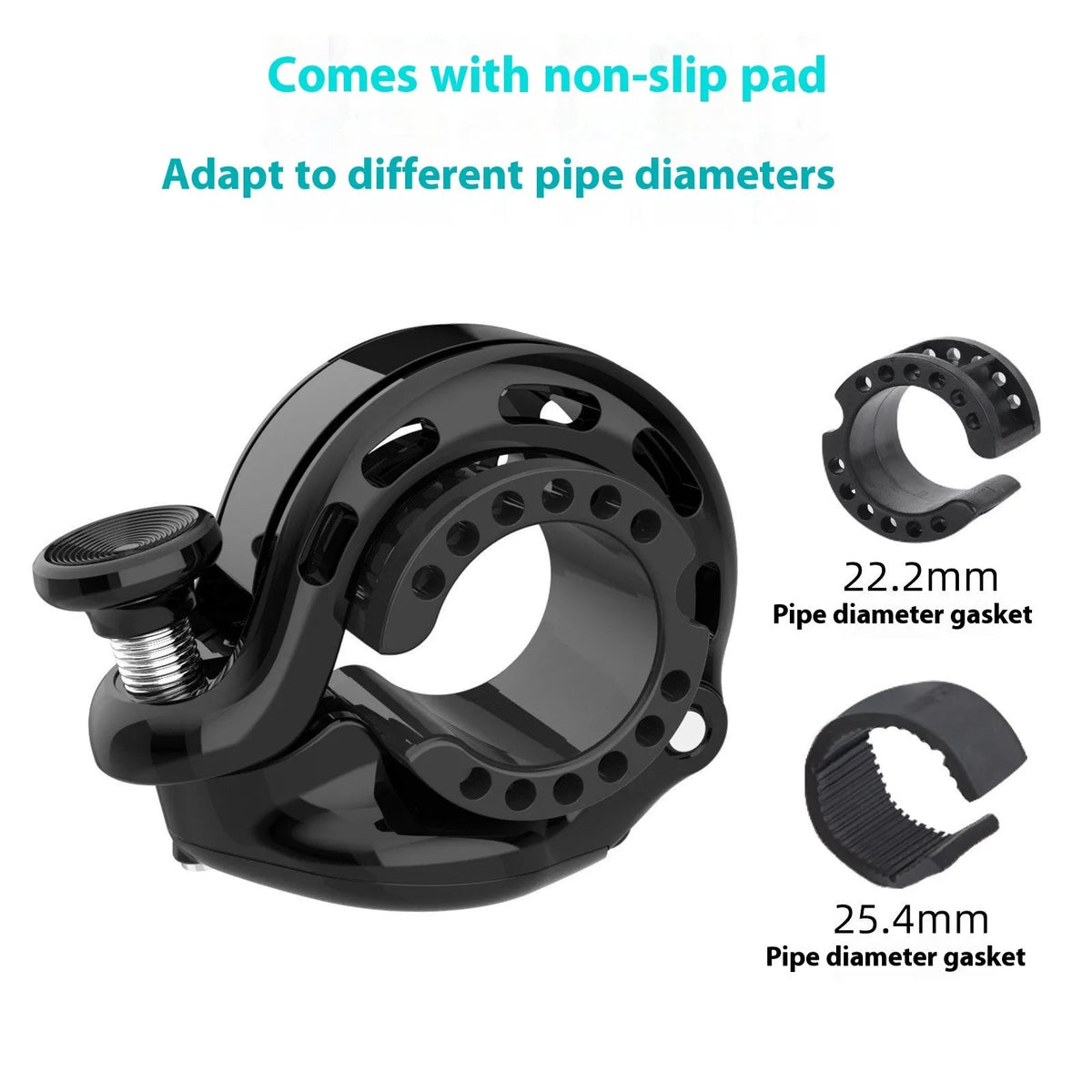 Black aluminium alloy bicycle anti-theft bell with thumb lever on handlebar, showing mounting gaskets and wrench