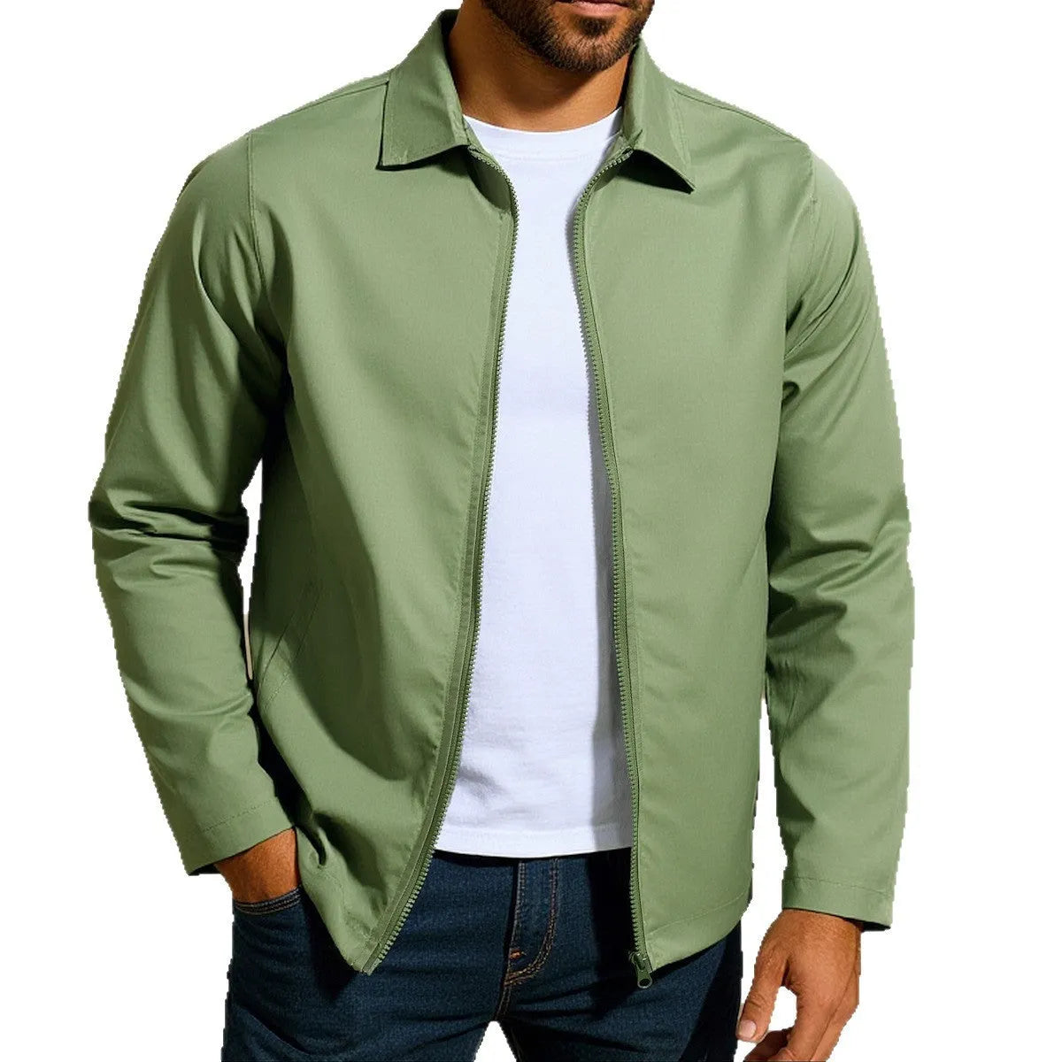 Men's zipper cardigan jacket with raglan sleeves in emerald green.
