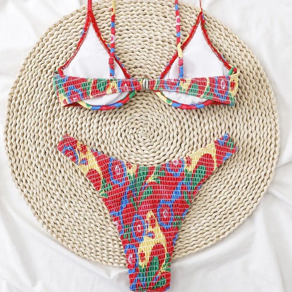 Red floral print women's two-piece underwire bikini set on a white background