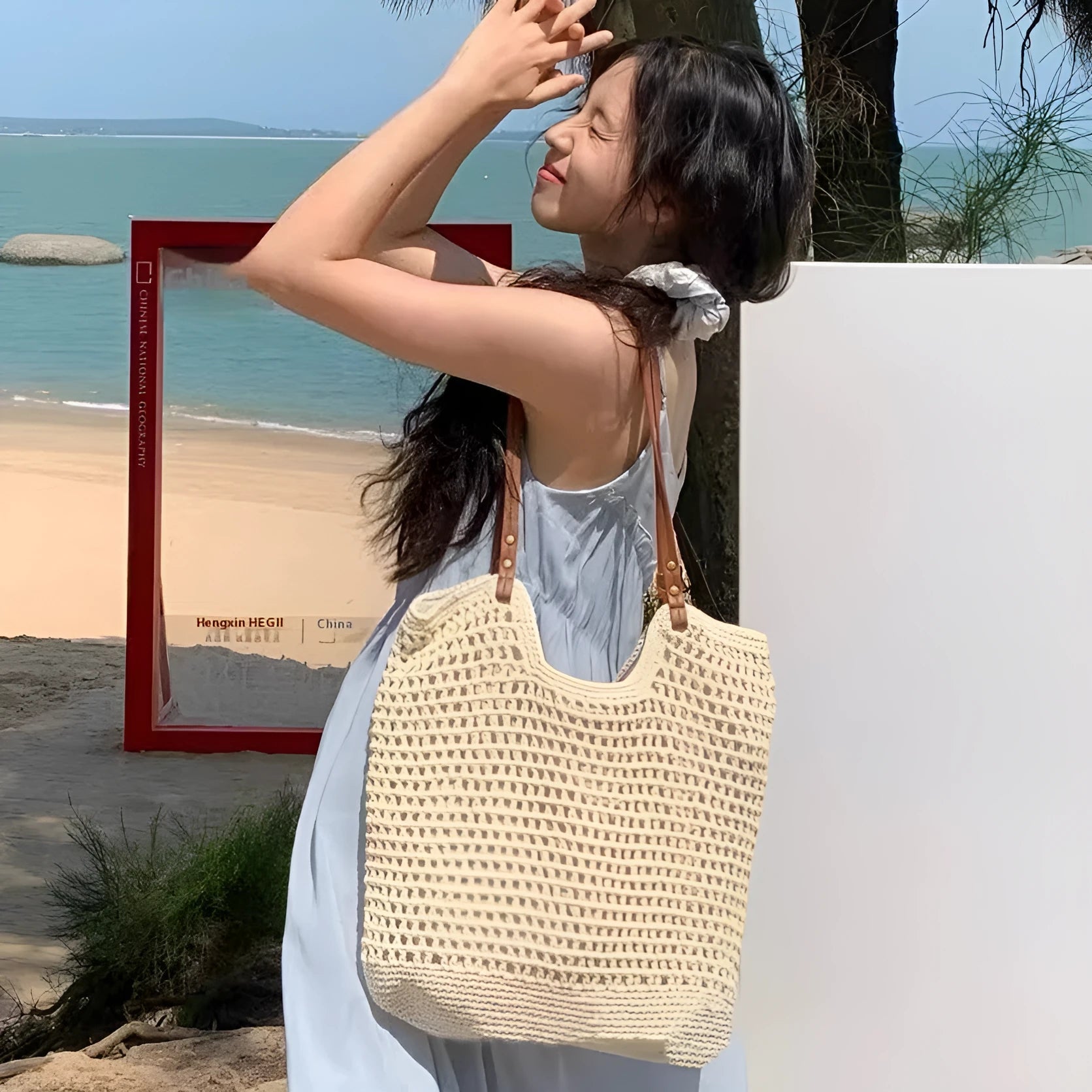 Beige woven cotton linen shoulder bag showing large and small size options with magnetic snap and zipper closure variants