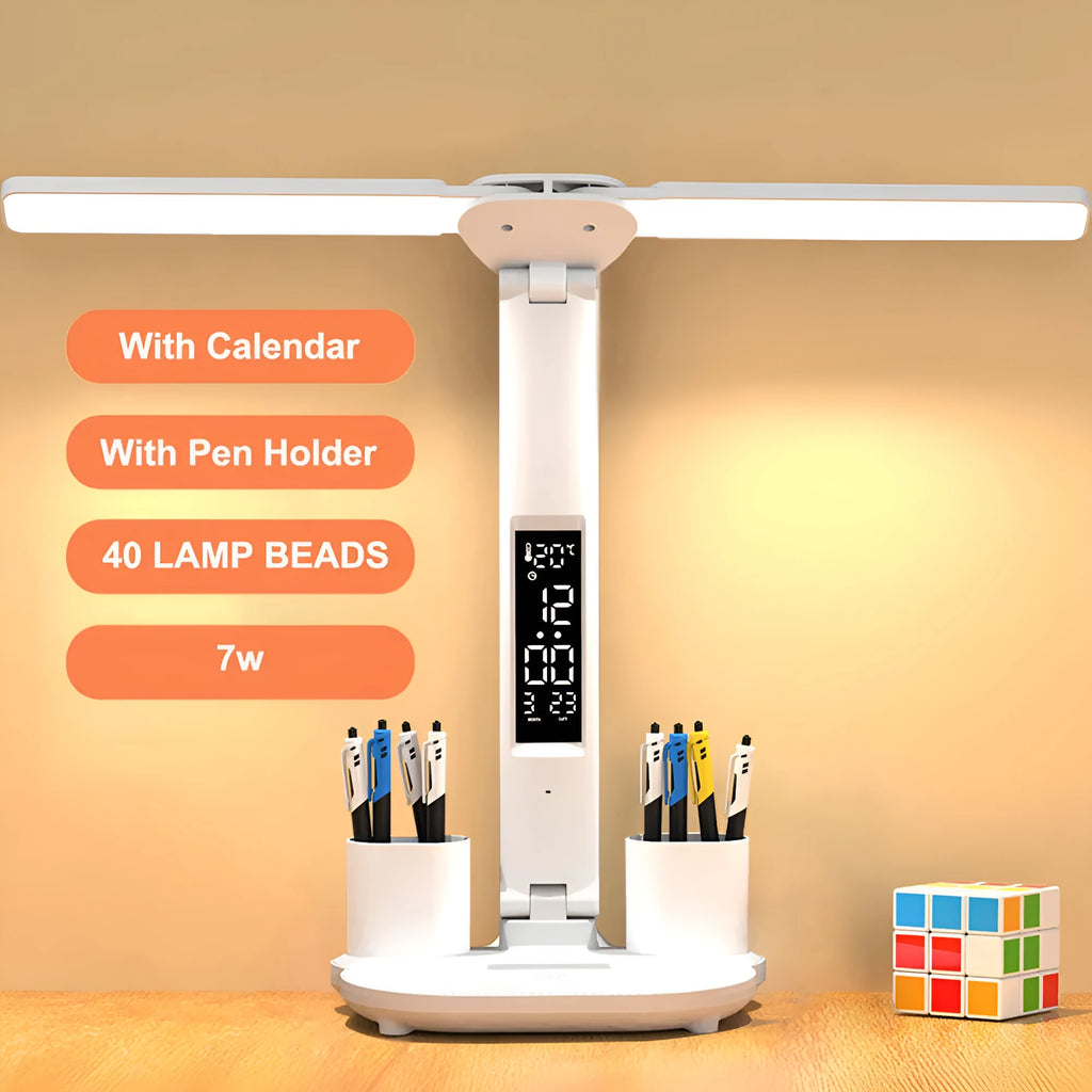 White LED desk lamp with calendar display and pen holder, touch control, USB powered