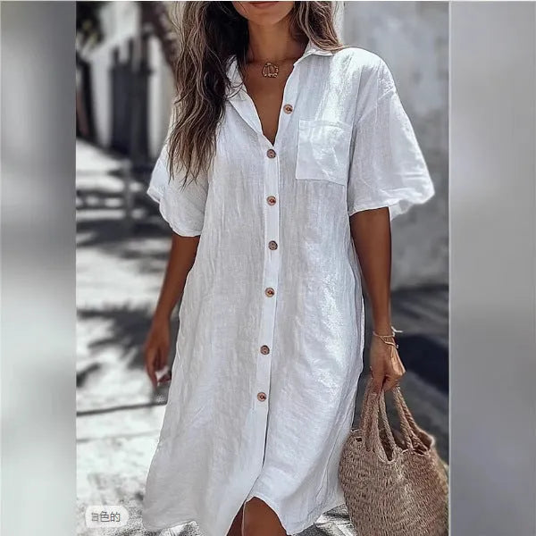 Long button short sleeve shirt in ginger yellow with loose fit and long length
