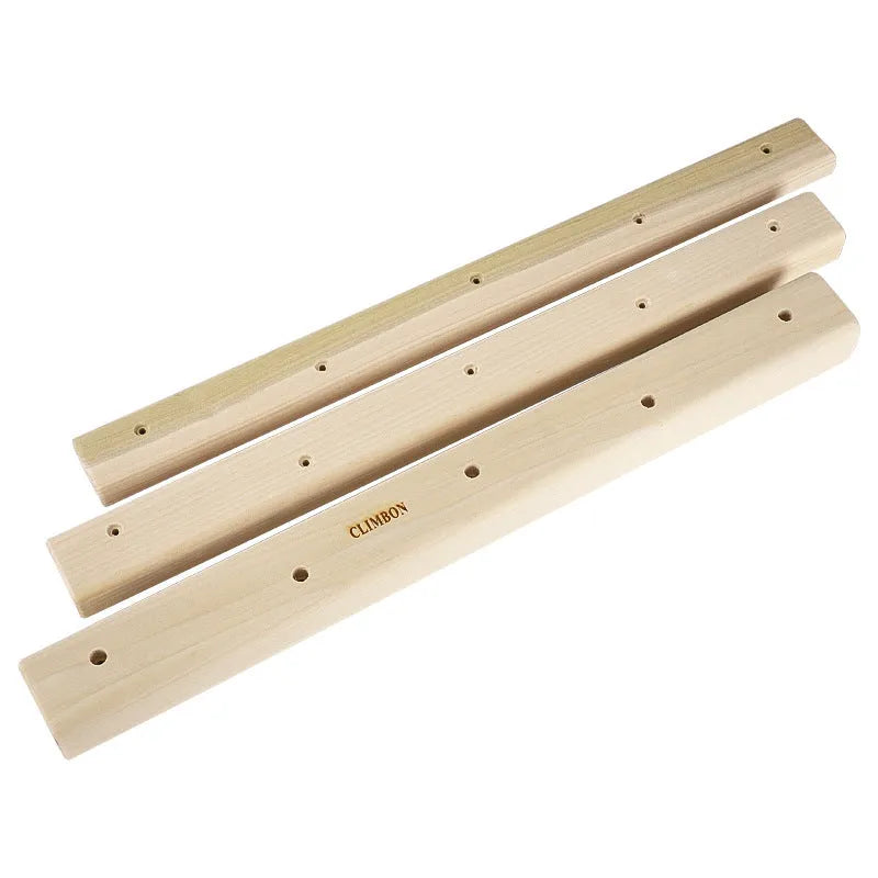 Set of three solid wooden hangboards for grip and finger strength training, shown in different sizes.