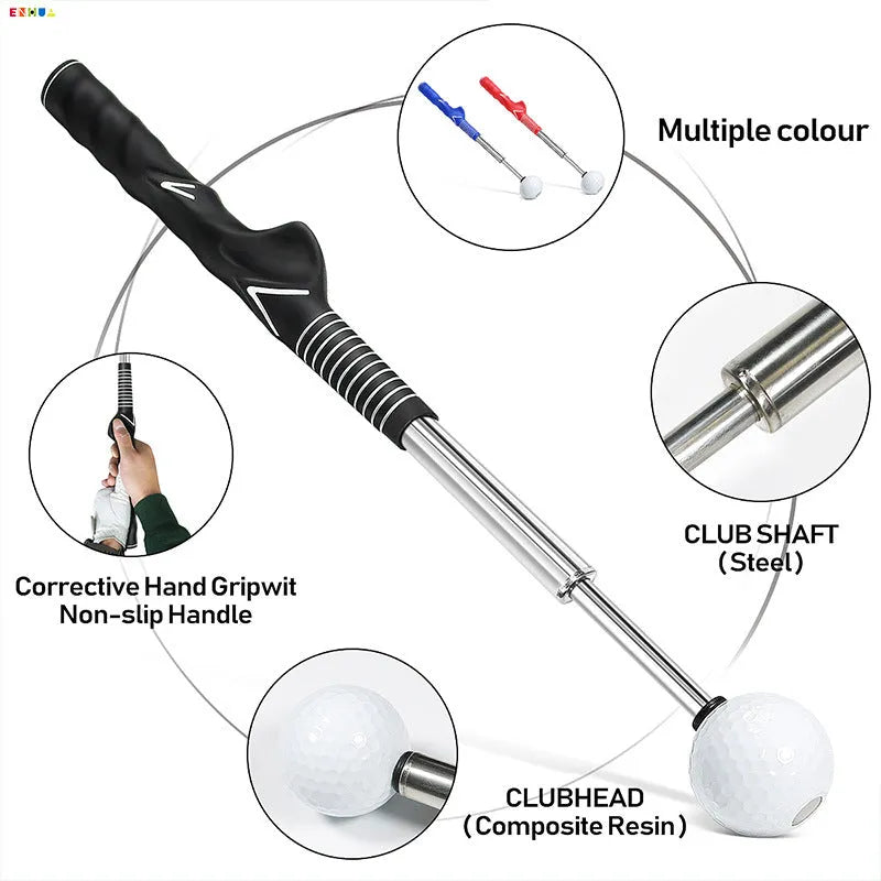 A telescopic golf swing trainer in stainless steel, shown extended for use.