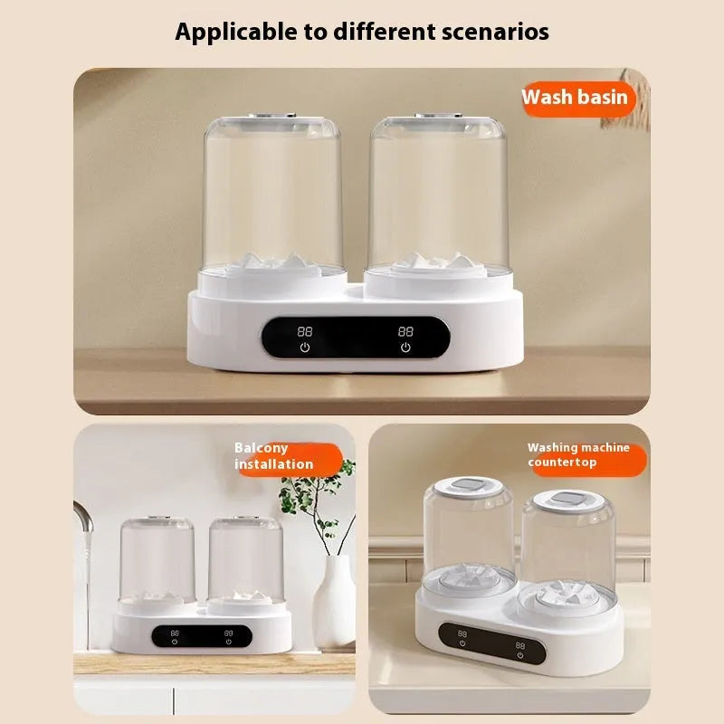 White double bucket USB-powered mini washing machine with two lids and a mechanical timer dial.