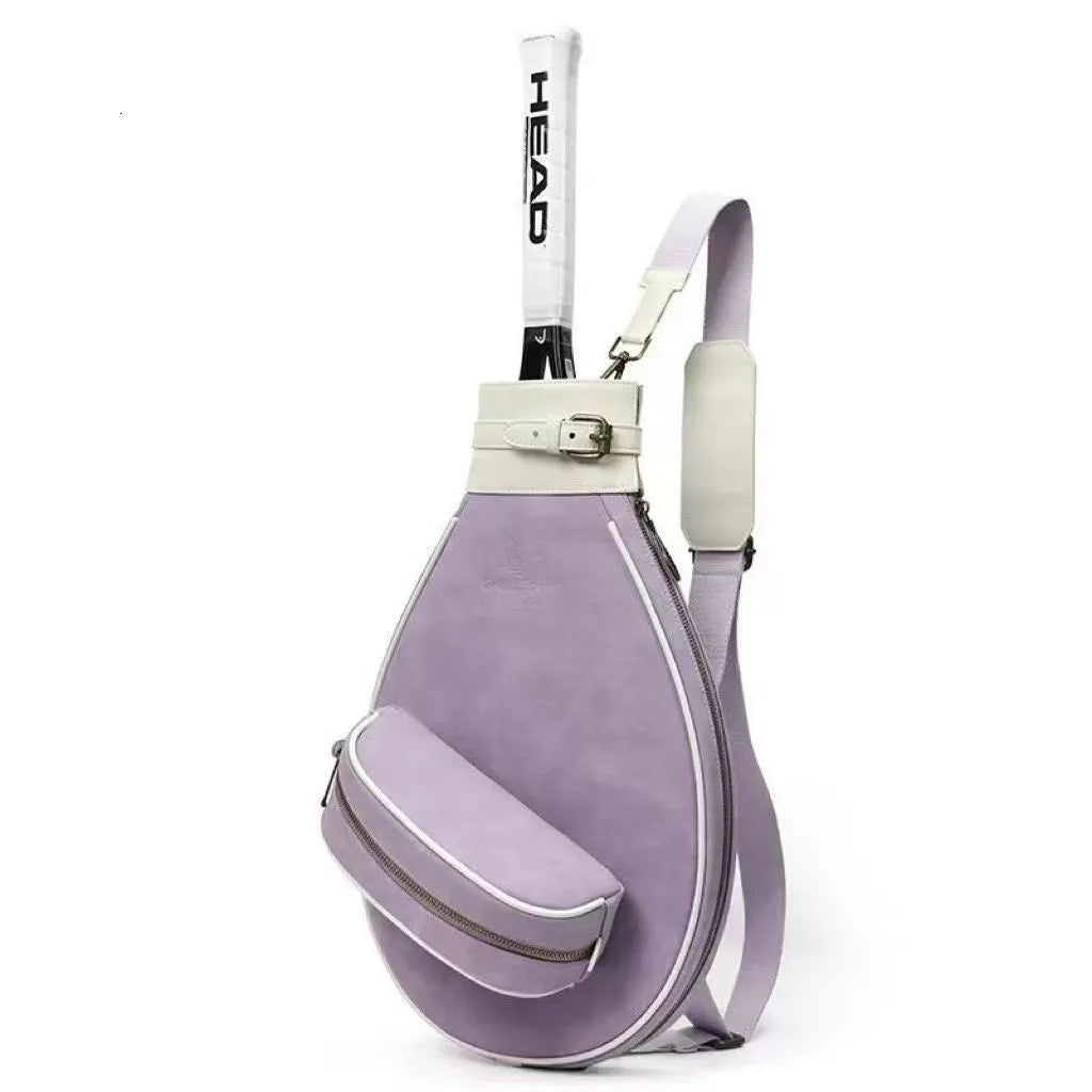 Retro leather badminton bag for women with a single shoulder strap, shown in purplish white colour.