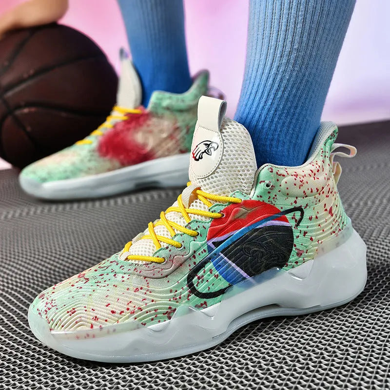 Luminous high-top basketball shoes with graffiti pattern, mesh upper, rubber outsole, front lace-up, sizes 36-45.