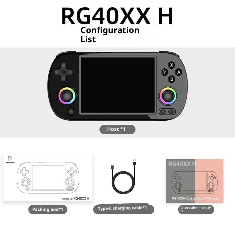 RG40XXH retro handheld game console in black connecting to TV with wireless handle