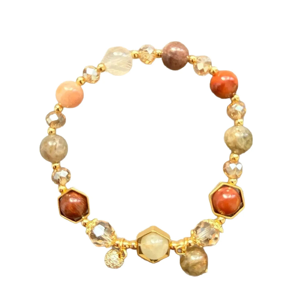 Gold-coloured hand-woven citrine bracelet with auspicious symbols and 8mm beads.