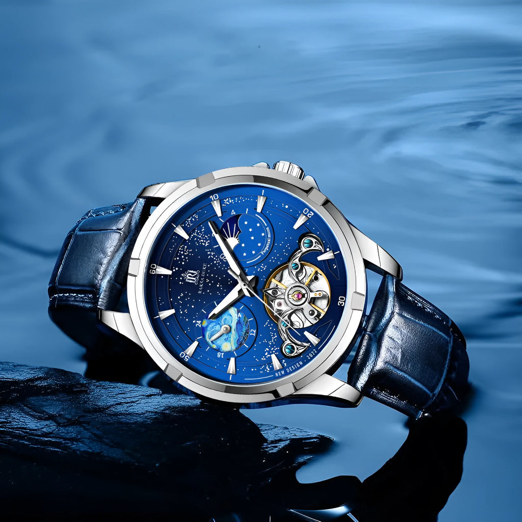 Men's automatic mechanical watch with blue dial and stainless steel case, showing clasp.