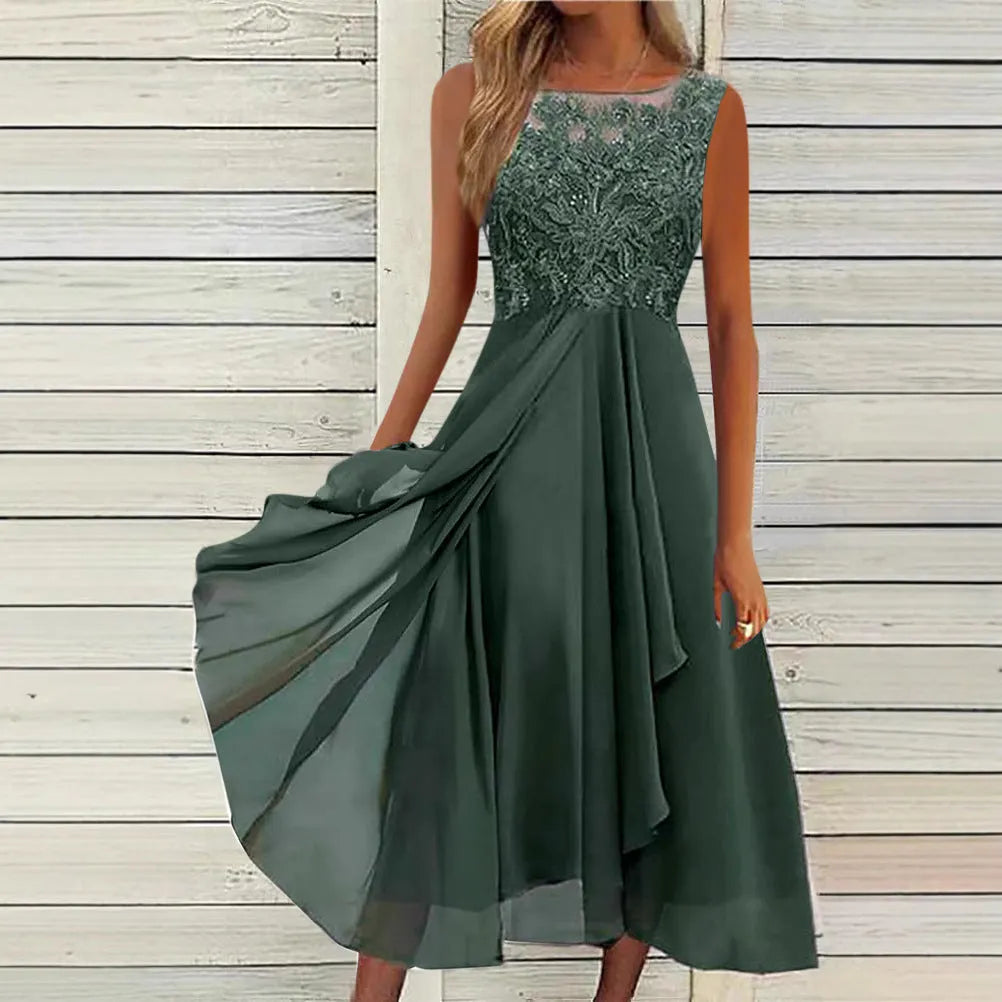 Women's sleeveless green chiffon dress with white lace hollow-out detail, mid-length skirt.