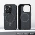 Creative all-match suede bracket phone case for iPhone 15 Pro and 15 Pro Max in dark gray with magnetic absorption and shockproof build