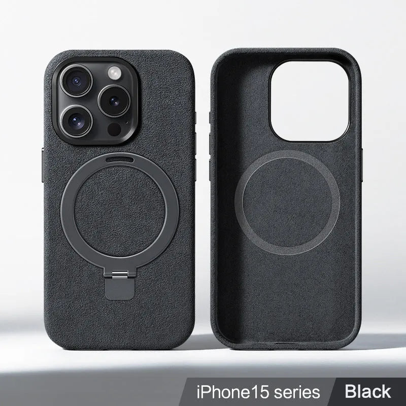 Creative all-match suede bracket phone case for iPhone 15 Pro and 15 Pro Max in dark gray with magnetic absorption and shockproof build