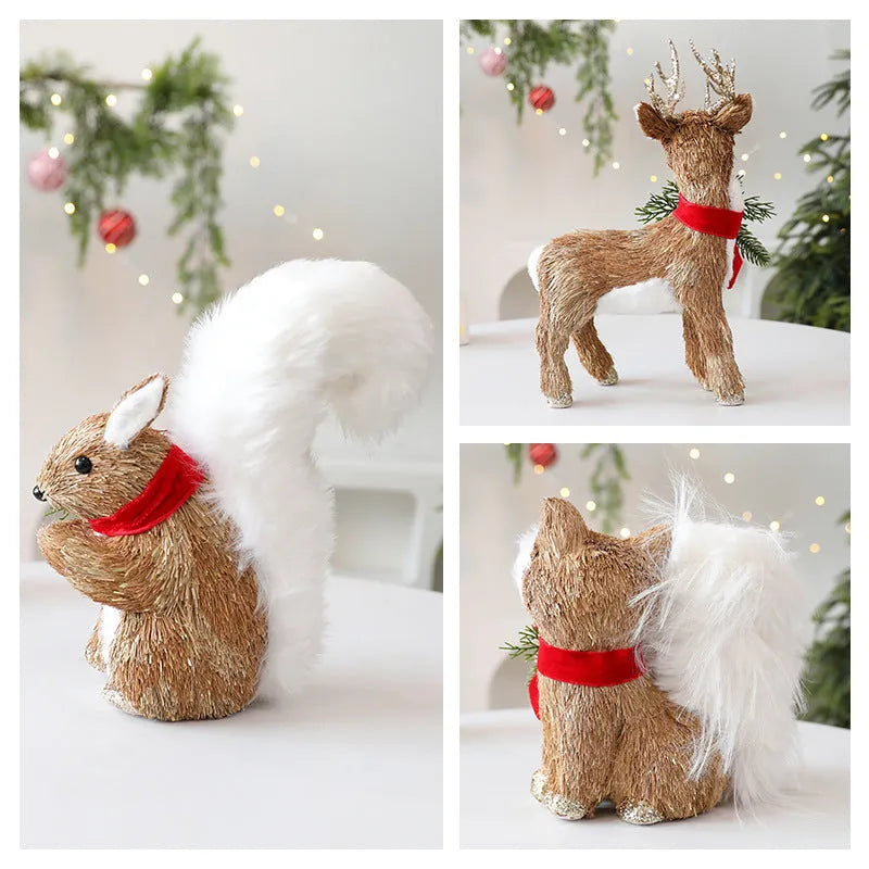 Straw Christmas ornament in deer design with natural straw texture and foam core for rustic holiday tabletop display