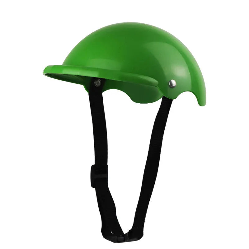 Small S size plastic pet helmet for motorcycle safety in pink, black, yellow, and green colours.