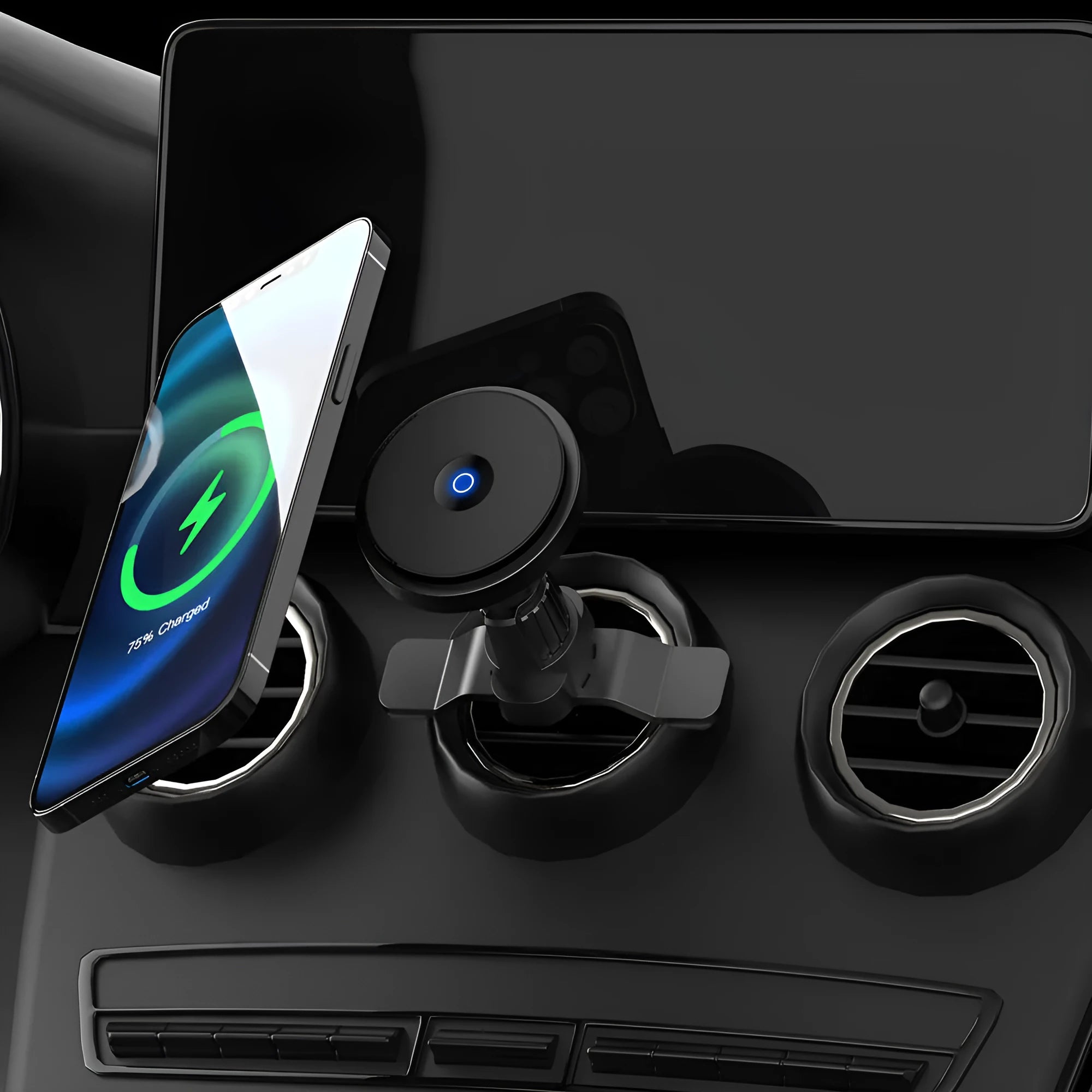 Silver aluminium alloy magnetic wireless car charger mounted on car air vent with phone attached