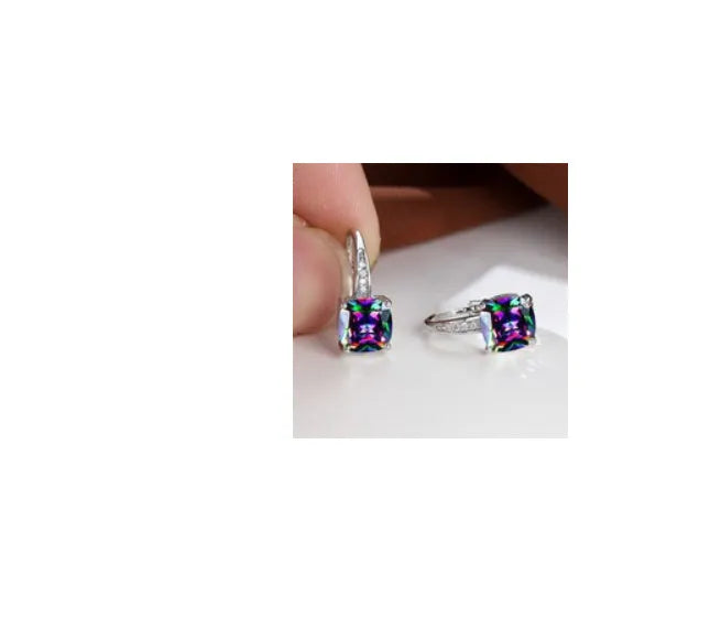 Square geometric ear clip earrings with colourful moissanite stone in gold and silver electroplated finishes