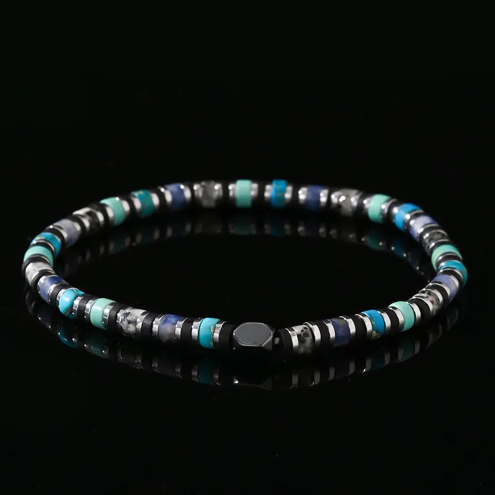 Hand-woven bohemian bracelet with natural semi-precious stones in cylindrical geometry design