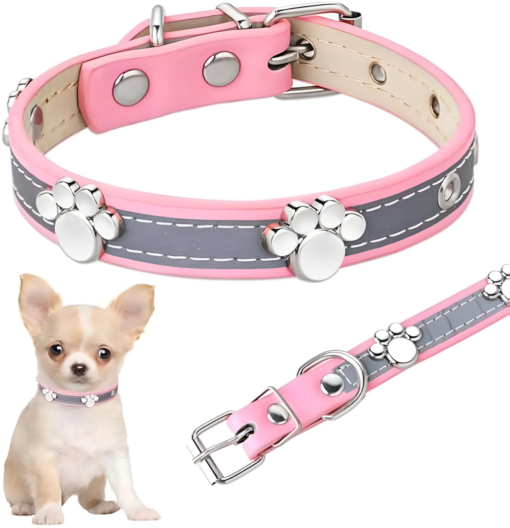 Reflective adjustable PU leather dog collar with metal buckle and decorative paw rivet.