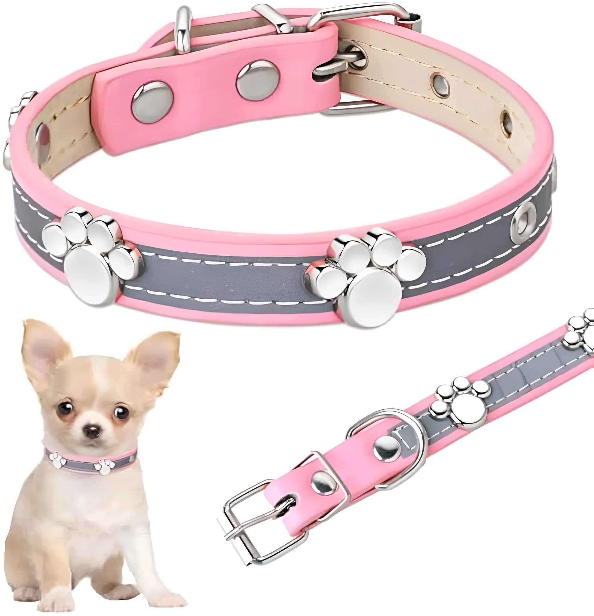 Reflective adjustable PU leather dog collar with metal buckle and decorative paw rivet.