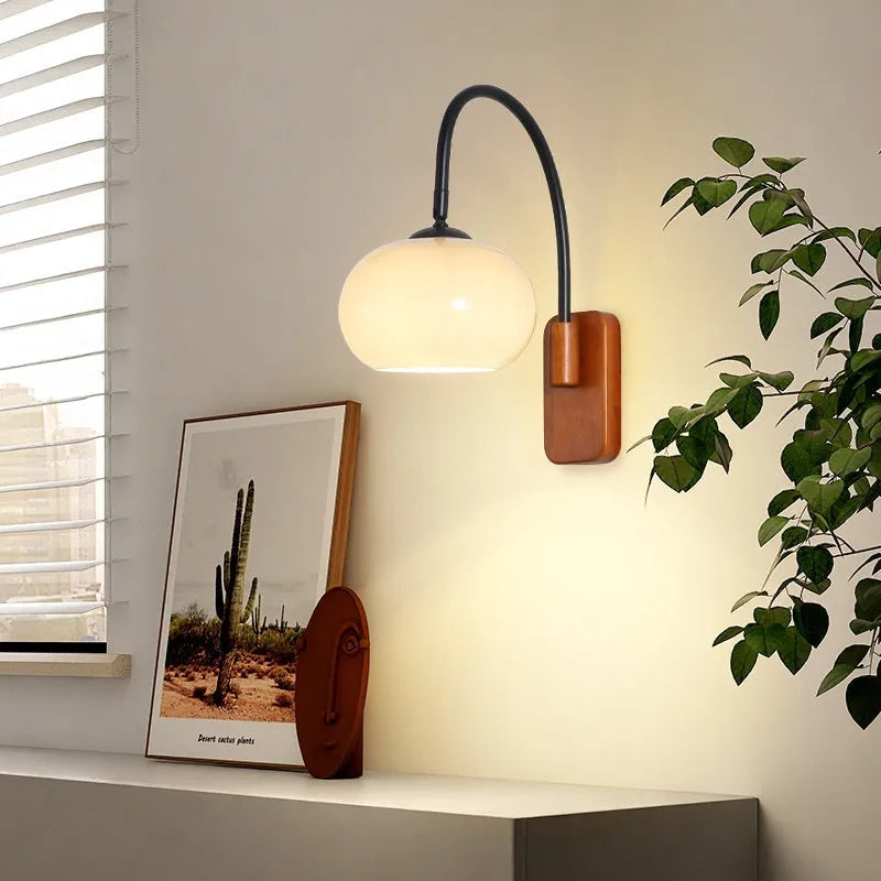 Creative retro glass wall LED lamp with milky white 32cm lampshade and iron body on a wall