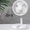 Black telescopic portable folding fan shown in both extended and compact folded positions.