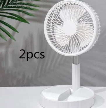 Black telescopic portable folding fan shown in both extended and compact folded positions.